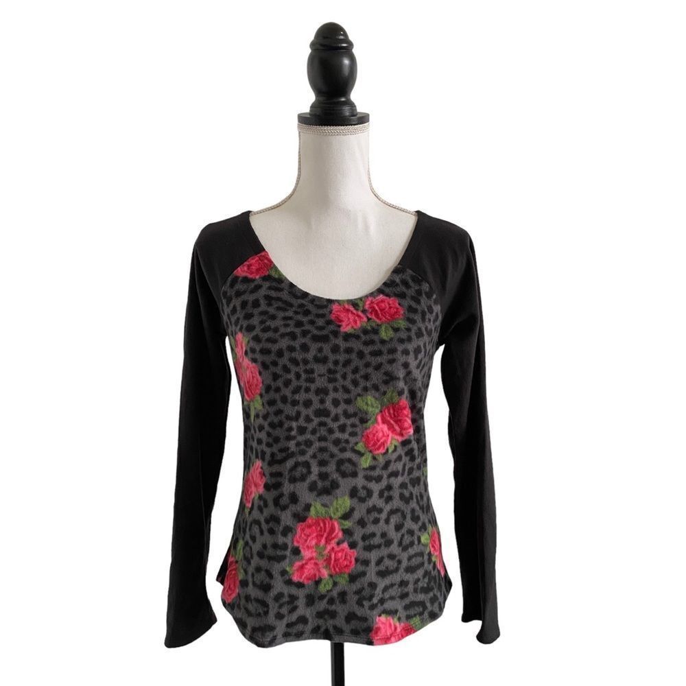 Betsey Johnson Intimates Gray Leopard & Rose Print Fleece Sleep Top Ladies Small